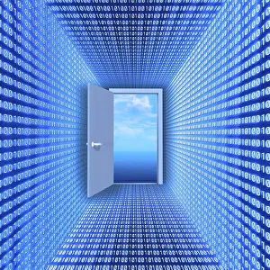 Virtual Reality Concept Drucke: Blue room made of binary code with an open door to a cloudscape