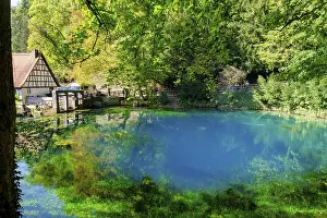 Swabian Alb Waterfall Drucke: Blue spring, karst pot, Blautopf