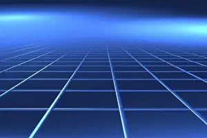 Digital Composing Techniques Drucke: Blue surface with grid structure running to perspective vanishing point