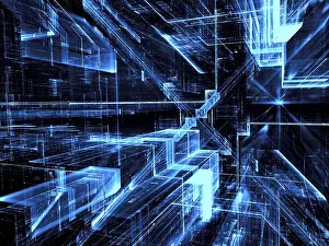 Virtual Reality Background Drucke: Blue technology background - abstract computer-generated 3d illustration