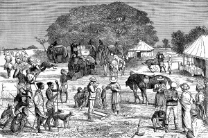 Drucke von Ein Jagdcamp in Bengalen, der Beginn einer wilden Abenteuerlust. Inmitten dichten Dschungels und unzähliger Tiere beginnt die Suche nach dem legendären Wildschwein Wald-Kunstwerk Drucke: Ein Jagdlager in Bengalen, Beginn einer Wildschweinjagd