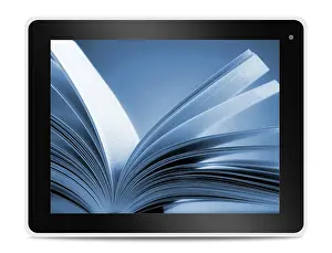 Deserted Library Scene Drucke: Book on computer tablet screen. Reading online