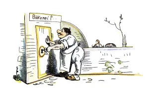 Historical Fairy Tales Drucke: Book illustration, baker is locking the bakery