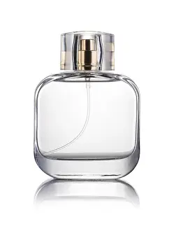 Urbane Kunst Drucke: Flasche mit Parfum auf weißem Hintergrund.