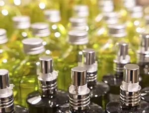 Beauty Products Drucke: Bottles with basics oils, essentials and fragances aligned