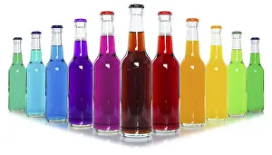Colourful Drinks Drucke: Bottles with colourful drinks, in a row