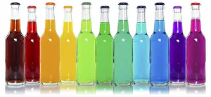 Colourful Drinks Drucke: Bottles with colourful drinks, in a row