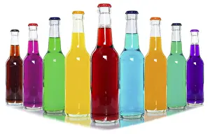 Colourful Drinks Drucke: Bottles with colourful drinks, in a row
