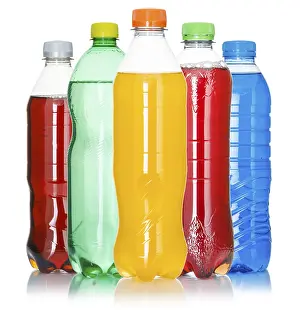 Colourful Drinks Drucke: Bottles with colourful drinks, in a row