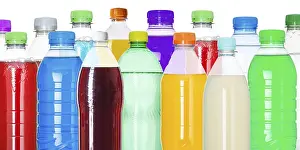 Colourful Drinks Drucke: Bottles with colourful drinks, in a row