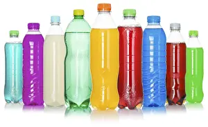 Colourful Drinks Drucke: Bottles with colourful drinks, in a row