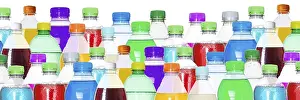 Bright Background Food Images Drucke: Bottles with colourful drinks, in a row