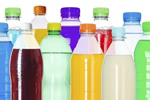 Colourful Drinks Drucke: Bottles with colourful drinks, in a row