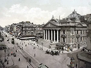 Black And White Historic Drawing Drucke: The Boulevard Anspach in Brussels