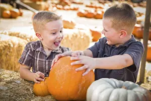 Pumpkin Patch Fun Drucke: Two boys at the pumpkin patch talking about their pumpkins and having fun on a fall day