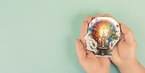Brainstorming Ideas Drucke: Brain with light bulb, colorful explosion