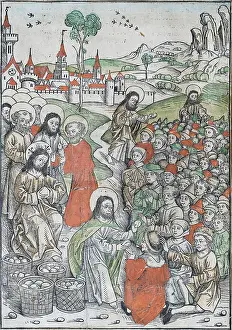 Drucke von Der Brotwunder, alte farbige Holzschnitt von Michael Wolgemut und Anton Koberger aus den Inkunabeln Der Schatzbewahrer oder Schrein der wahren Reichtümer der Erlösung und weiteren Wohlstandes von Michael Wolgemut Drucke: Das Brotwunder.