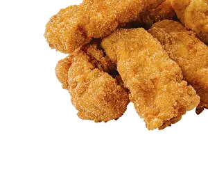 Bright White Background For Copy Space Drucke: Breaded chicken strips isolated on white