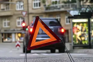 Empty Roads In Southern Germany Drucke: Breakdown vehicle with warning triangle