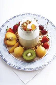 Vegetarian Breakfast Options Drucke: Breakfast cereal served with yoghurt and fruit