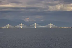 Cable Stayed Bridge Europe Drucke: Bridge across the sea under a cloudy