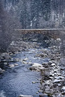 No People Winter Landscape Germany Drucke: Bridge over stony river in winter with snow