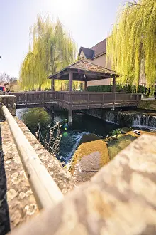 Baden Wurttemberg Buildings Drucke: A bridge surrounded by a willow tree under a clear sun