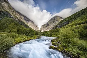 Scandinavian Mountain Creek Drucke: Briksdalselva Glacier River, Briksdalsbreen