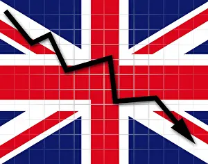Union Jack Symbol Drucke: The British flag and arrow graph going down