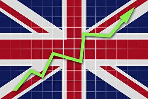 Union Jack Drucke: The British flag and arrow graph going up