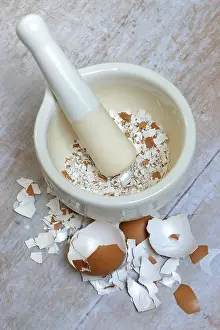 Isolated Food Still Life Drucke: Broken eggshells crushed with mortar