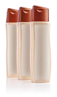 Plain White Background Studio Shot Drucke: Three brown bottle of shampoo