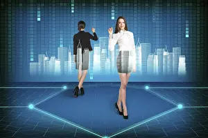 Futuristic Office Interior Drucke: Brunette operating with search interface on the wall