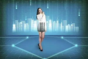 Futuristic Office Interior Drucke: Brunette operating with search interface on the wall