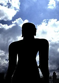 Buddhist Faith In Nature Drucke: Buddha statue, black silhouette against thunderclouds