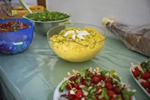 Mashed Potatoes Side Dish Drucke: Buffet with mashed potatoes, salad and various dishes