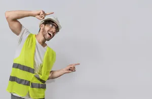 Construction Engineer Drucke: Builder engineer pointing finger to the right isolated