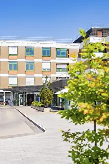 Blue Sky Architecture Europe Drucke: Building complex with close-up of a tree in the foreground under a blue sky