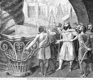 Historical Bible Illustration Drucke: Building of the first temple on Mount Moriah