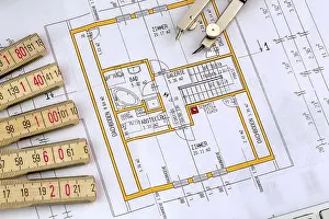 European Building Designs Drucke: Building plan for a house. With compass and scale Austria