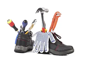 Wild Animal Photography Studio Drucke: The building tools and boots. Isolated on a white background