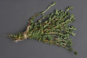 Black Background Still Life Drucke: Bunch of thyme on black background, top view