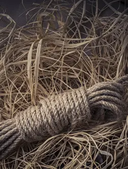 No People Present Drucke: Bundle of linen rope in a straw background