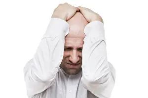 Tired Businessman Drucke: Business problems and failure at work concept