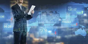 Capital Market Advertising Drucke: Businessman on digital background using tablet finances application