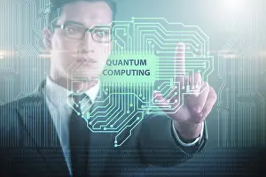 Artificial Intelligence Technology Drucke: Businessman pressing virtual button in quantum computing concept