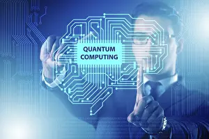 Quantum Computing Concept Drucke: Businessman pressing virtual button in quantum computing concept
