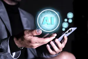 Artificial Intelligence Concept Drucke: Businessman using mobile phone using artificial intelligence