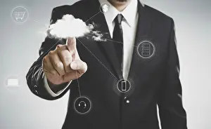 Digital Data Storage Solutions Drucke: Businessmen press to the cloud server
