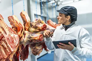 Protective Clothing For Workers Drucke: Butcher using technology in a innovative meat processing factory checking the meat using digital tablet